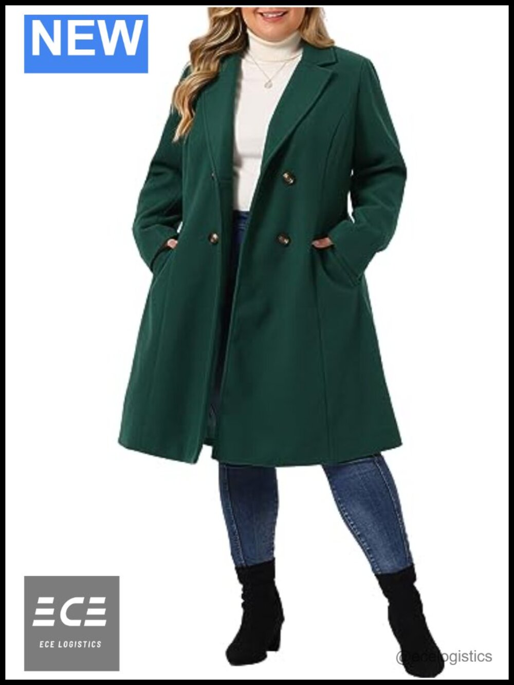 Plus Size Long Double Breasted Notched Lapel Warm Winter Pea Coat